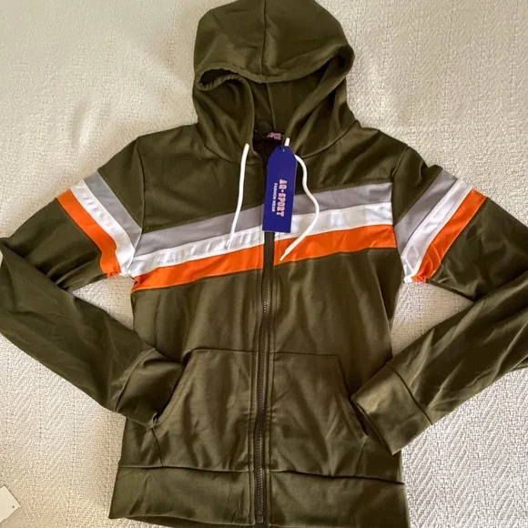 AQ Sports Women's Poly Stripe Zip Front Hoodie with Orange and Withe Stripes - Picture 5 of 11